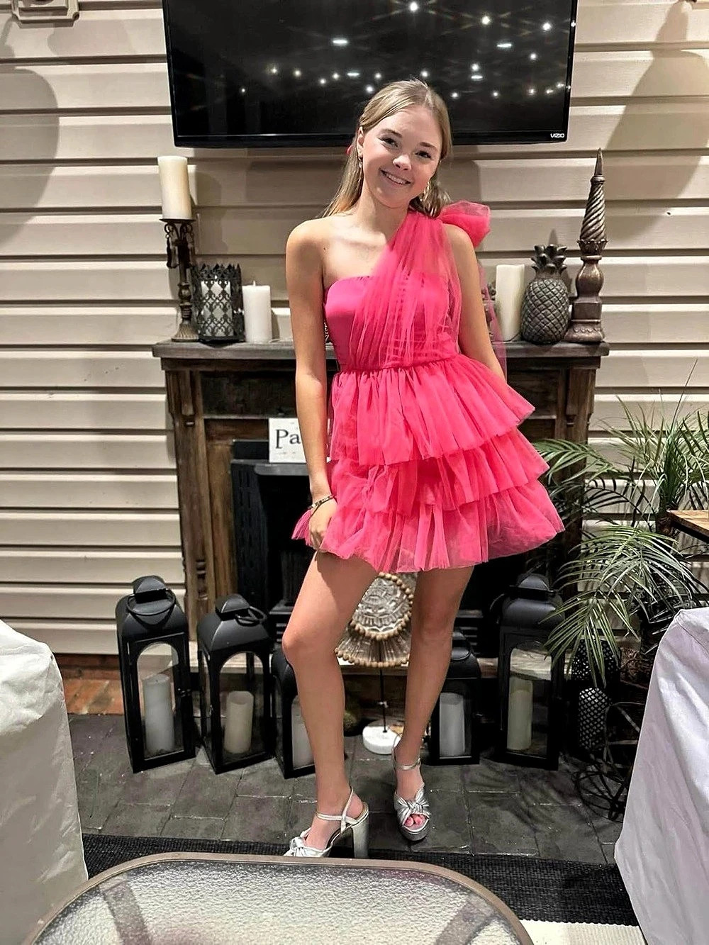 One-Shoulder Tiered Tulle Dress Pink Mini